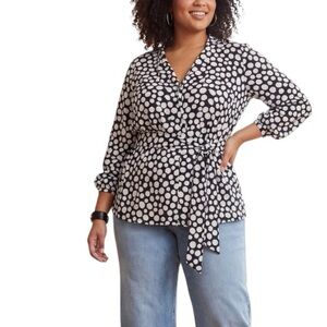 Lane Bryant black white polka dot tie-waist Tunic blouse Casusl chic Office
